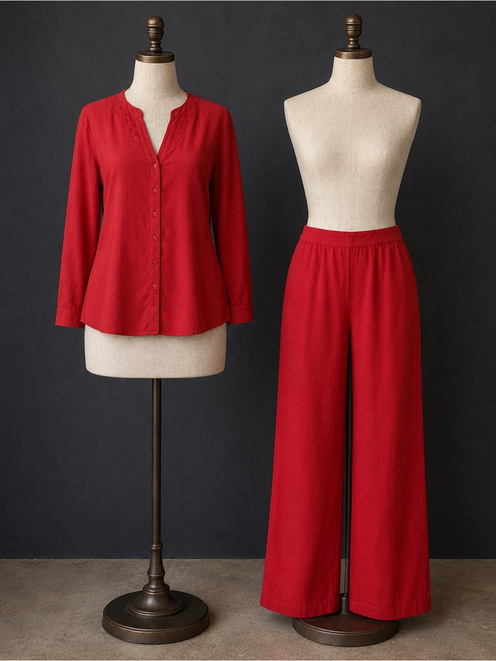 Norton McNaughton Crimson Button-Front Top with Wide-Leg Pants